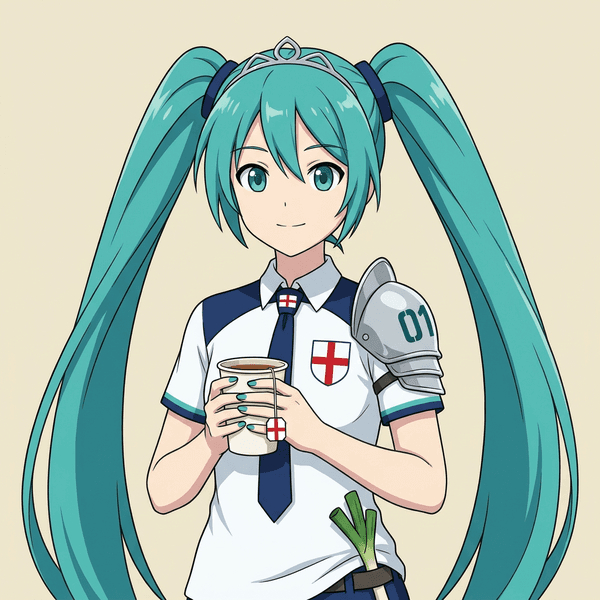 Hatsune Miku redrawn in the England World Cup kit